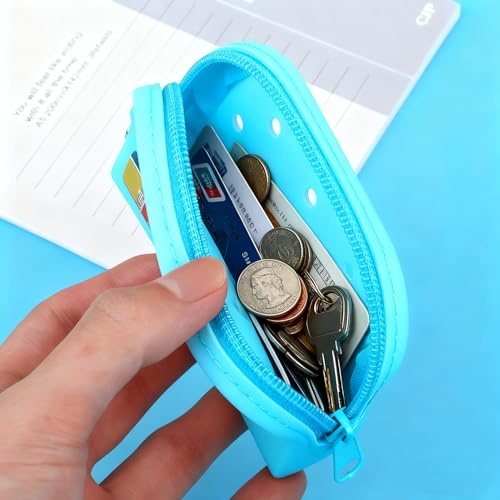 Soft Silicone Mini Coin Purse with Zipper and Cartoon Hole,with 15 pcs DIY Charms. Portable Keychain Pouch Organizer (Blue) - color: Blue