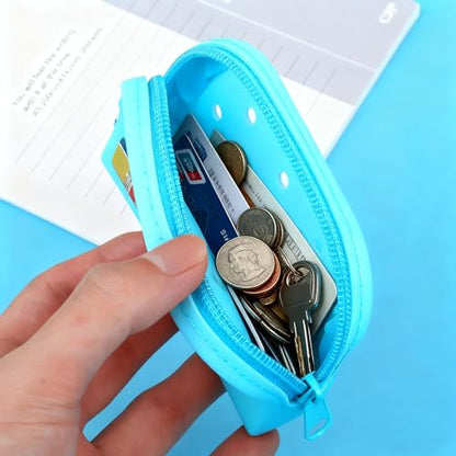 Soft Silicone Mini Coin Purse with Zipper and Cartoon Hole,with 15 pcs DIY Charms. Portable Keychain Pouch Organizer (Blue) - color: Blue