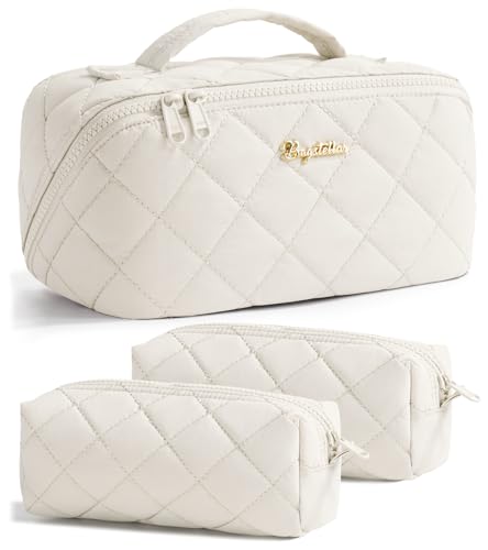 Travel Makeup Bag, 3 Pcs Large Capacity Puffy Toiletry Bag for Women, Open Flat Make up Cosmetic Organizer w/Handle & Clear Divider Water-resistant Portable Pouch Travel Essentials, M-Cream White - color: Off-White, size: medium