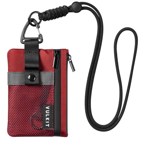 VULKIT Small Minimalist Wallet for Women and Men RFID Blocking, Zipper Coin Pouch with ID Window and Keychain, Water Resistant Travel Lanyard Wallet Red - color: Red