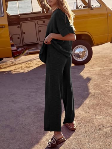 Tankaneo Women's 2 Piece Travel Outfits Casual Short Sleeve Knit Sweater Set Wide Leg Pants Lounge Sets Tracksuit - color: Black, size: Medium