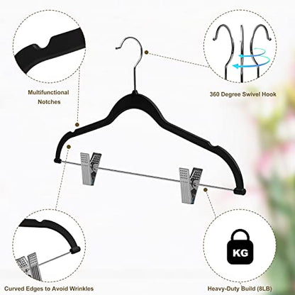 Quality Plastic 20-Pack - Non Velvet Non-Flocked Thin Compact Coat Hangers with Metal Clips for Skirts Pants Blouses - 360° Swivel Hook (Black, 20) - color: Black