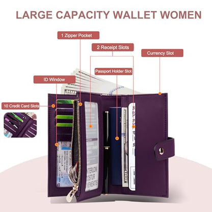 yiijay Womens Wallet RFID Blocking Vegan Leather Trifold Clutch Credit Card Holder Ladies Travel Wallet Purse with Pen Holder - color: 2Dark Purple
