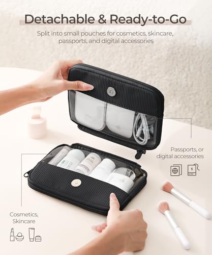 Preppy Makeup Bag, Rectangle Double Detachable Cosmetic Organizer, Clear Side Panel Portable Travel Pouches for In-Flight Essentials, Beauty & Tech Accessories, Gift for Women - color: Black