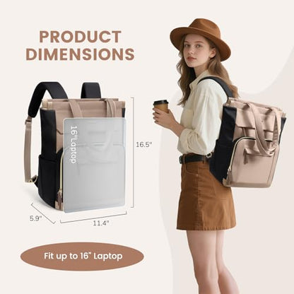 Convertible Daypack Laptop Backpack for Women Men Carry on Tote Backpack Bookbag for College Work Nurse Travel,16Inch,Champagne Brown Black - color: Champagne Brown Black