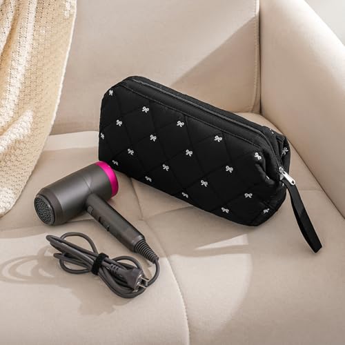 RSRSLEII Large Quilted Hair Tools Travel Bag with Bow Pattern,Waterproof Hair Styling Accessories Storage Case for Shark FlexStyle, Dyson Airwrap Hair Dryer, Curling Iron, Revlon Hair Tools(Black) - color: 01Black