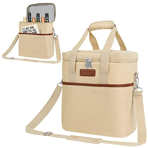 Opux 6 Bottle Carrier Tote | Insulated Padded Cooler Bag for Travel, Picnic, BYOB | Portable Leakproof Wine Tote for Dinner, Party, Christmas, Gift for Women, Men (Cream Beige) - color: Cream Beige, size: 6 Bottle