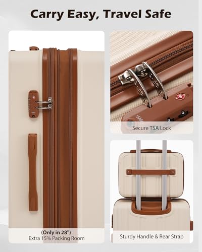 Coolife Luggage Sets, 5 Piece Durable Suitcase, Lightweight Carry on Luggage with ABS Hardshell, Dual Spinner Wheels, TSA Lock and YKK Zipper(apricot white, 5 piece set) - color: apricot white, size: 5 piece set