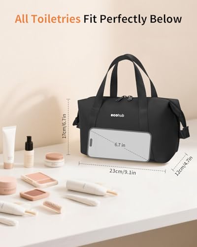 ECOHUB Travel Toiletry Bag for Women, Water-resistant Makeup Bag, Lightweight Cosmetic Bag, Travel Essentials Toiletries Bag, Recycled Makeup Organizer for Full-Sized Toiletries, Black