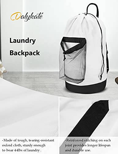 Dalykate Backpack Laundry Bag, Laundry Backpack with Shoulder Straps and Mesh Pocket Durable Nylon Clothes Hamper Bag with Drawstring Closure for College, Travel, Laundromat, Apartment - color: White