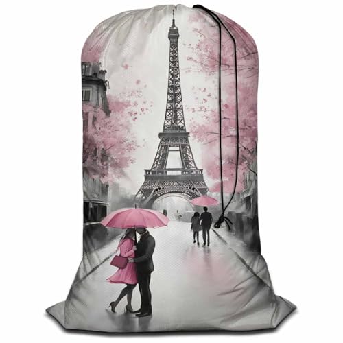 Swono Paris Heavy Duty Laundry Drawstring Bag with Strap, European City Landscape Eiffel Tower 28 x 40 Inches Travel Dirty Clothes Bag for Laundromat and Household, Oil Painting - color: Paris