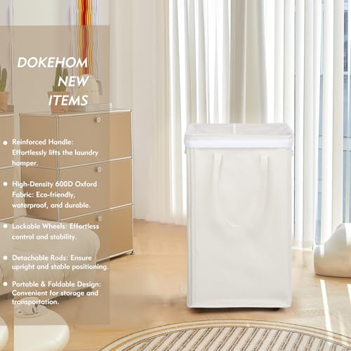 DOKEHOM 90L X-Large Laundry Basket with Removable Wash Bag on Wheels, Collapsible Rolling Laundry Hamper, Foldable Clothes Organizer, Folding Washing Bin (Beige) - color: Beige, size: X-Large Pro 29"