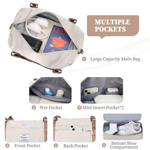 Weekender Bags for Women,Overnight Travel Duffel Bag with Shoes Compartment& Toiletry Bag,Extra Large(Beige & Brown) - color: Beige & Brown, size: Extra Large