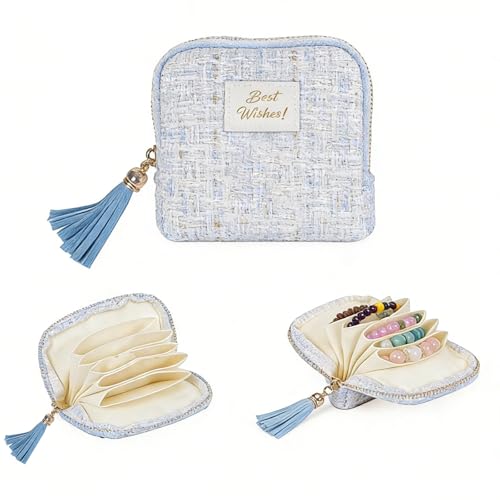 Travel Jewelry Case Small with Tassel Zipper, Soft Velvet Travel Jewelry Organizer Pouch for Necklaces, and Earrings, Portable Multi Layer Jewelry Bags, Anti Tangle Storage (Blue and white) - color: blue and white