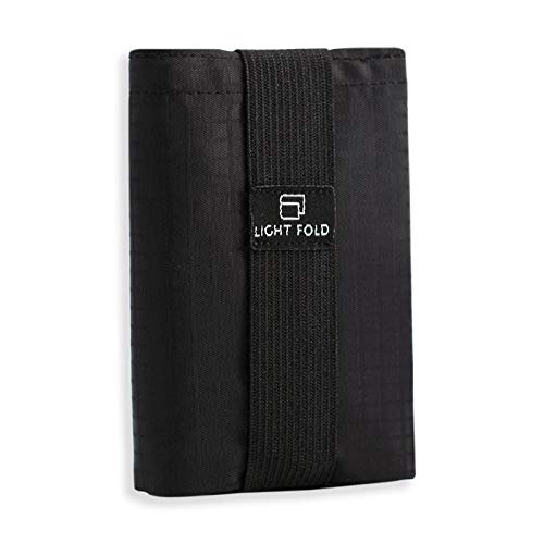 LIGHT FOLD Ultra Slim Tri-Fold Wallet with RFID Blocking, Lightweight Minimalist Men’s Wallet with Elastic Band, Waterproof Durable Nylon Fabric, Slim Front Pocket Card Holder Fits 12 Cards & Cash - color: Black
