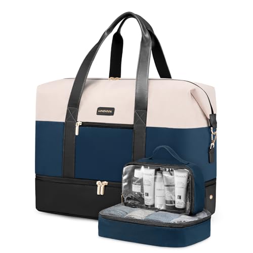 LOVEVOOK Weekender Bag for Women, Large Duffle Bag for Travel with 2 Packing Cubes, Carry on Overnight Bag with Shoe Compartment, Mom Hospital Bags for Labor and Delivery - color: Black-Blue-White, size: 56L-3Pcs