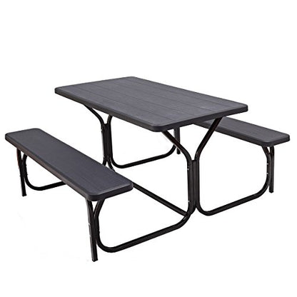 Giantex Picnic Bench Set Outdoor Camping All Weather Metal Base Wood-Like Texture Backyard Poolside Dining Party Garden Lawn Deck Large Picnic Tables for Adult (Black) - color: Black