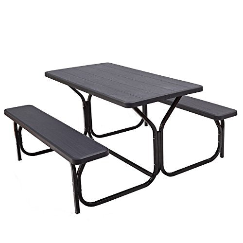 Giantex Picnic Bench Set Outdoor Camping All Weather Metal Base Wood-Like Texture Backyard Poolside Dining Party Garden Lawn Deck Large Picnic Tables for Adult (Black) - color: Black