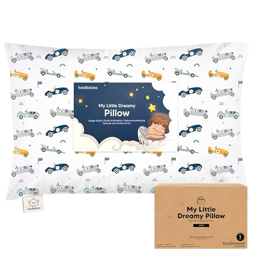 KeaBabies Organic Toddler Pillow with Pillowcase, Jumbo 14X20 - Soft Cotton Toddler Pillows for Sleeping - Machine Washable - Perfect for Travel, Toddler Bed Set (Racecars) - color: Racecars