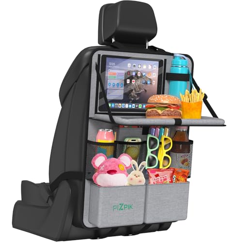 Plzpik Car Backseat Organizer with Tablet Holder,11 Storage Pockets with Foldable Food Tray, Protector Kick Mats for Kids, Travel Accessories Organizer (Gray, 1Pack) - color: Gray, size: 1pack