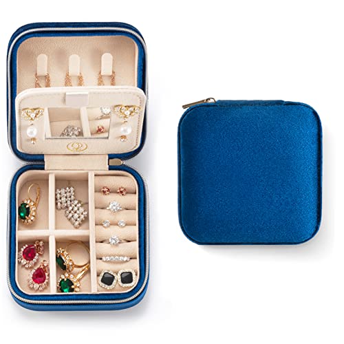 ZPROW Plush Velvet Travel Jewelry Case, Travel Jewelry Organizer, Jewelry Travel Case, Travel Jewelry Box, Small Jewelry Case for Women, Jewelry Travel Box, Earring Organizer with Mirror - Navy Blue - color: Velvet 1 Pack - Navy Blue