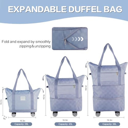 Expandable Rolling Duffle Bag - Large Carry-On With Spinner Wheels, Foldable Weekend Travel Bag, 28-58L Capacity（Backpack-Blue Checkboard） - color: Backpack-Blue Checkboard, style: Backpack