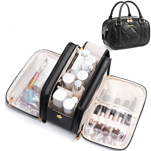 Bagstellar Travel Makeup Bag, Large Capacity Quilted Toiletry Bag for Women Stand-up Cosmetic Bag Open Flat Make Up Case Organizer Portable Pouch Purse w/Handle for Traveling Accessories, Black - color: Black