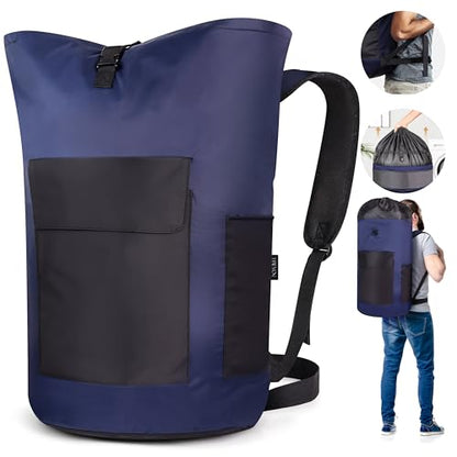HAEVON Laundry Backpack - 131L Heavy Duty Laundry Bag with Padded Shoulder & Waist Straps, Removable Liner - College, Dorm, Apartment, Travel, Outdoor - Big Laundry Bag for Easy Carrying (Blue Black) - color: Navy Blue and Black