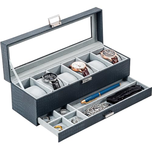 ProCase Watch Box, 6 Slot Watches Display Case with Drawer, Mens Watch Case with Glass Lid, 2-Layer Mens Jewelry Organizer Storage Holder, Birthday Valentine Gifts for Men -6 Slot, CrocCobaltBlue - color: Croc Cobalt Blue, size: 6-Slot