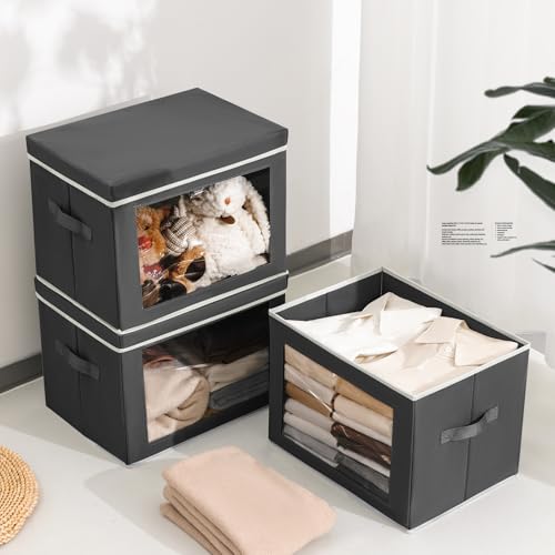 Homsorout Stackable Storage Bins with Lids - Large Storage Box with Lids, Foldable Closet Boxes for Organizing, Wardrobe Clothes Organizer with Window, Cubes Bins for Living Room, 4 Pack, Dark Grey - color: Dark Grey, size: XL(4-Pack)