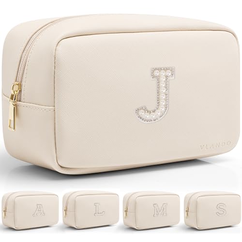 VLANDO Birthday Gifts for Women Makeup Organzier Bag 20th 30th 40th 50th 60th Birthday Gifts for Women Initial Makeup Pouch Gift Ideas for Mom Sister Teachers J - color: 03-White-J