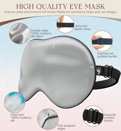HiRui Silk Sleep Mask, 100% Natural Mulberry Silk of Double-Sided & Inner-Filling, Ultra-Smooth Soft, Adjustable Strap, Blocks Light for Night Sleeping, Travel, Office Naps (Gray) - color: Gray