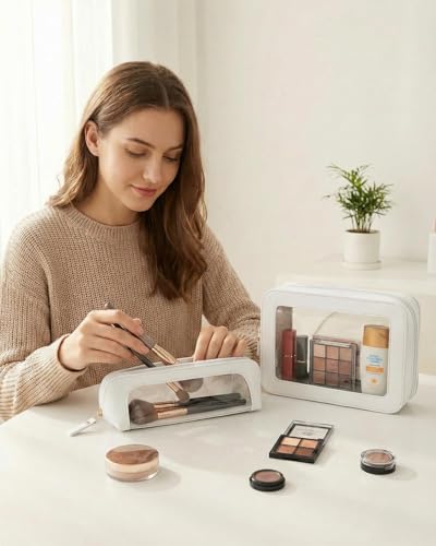 LETGO Clear Makeup Brush Bag Pouch, Waterproof PU Leather Portable Makeup Bag Holder with Transparent Window, Travel Lipstick Case Pouch Car Organizer and Storage (Slim, Beige) - color: Beige, style: Slim