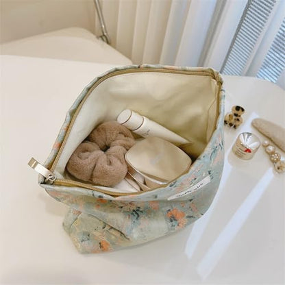 Wudygirl Aesthetic Makeup Bag Large Capacity Cosmetic Bag Canvas Makeup Pouch Toiletry Bag for Women and Girls Travel Floral Make up Bag Makeup Organizer with Zipper (Oli Rose) - color: Oli Rose