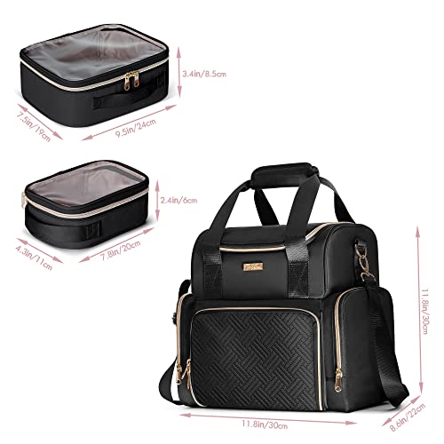 Large Cosmetic Bag with 3 Removable Case, Double Layer Travel Organizer with Inner Dividers and Makeup Brushes Storage Section, Black (Patented Design) - color: Black