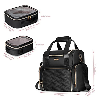 Large Cosmetic Bag with 3 Removable Case, Double Layer Travel Organizer with Inner Dividers and Makeup Brushes Storage Section, Black (Patented Design) - color: Black