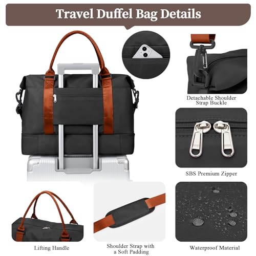 Weekender Bags for Women,Travel Duffle Overnight Bag with Shoe Compartment,Personal Item Carry On Bag,Black & Brown,Large,3 Pcs Set - color: B-BlackBrown-3PCS-4051, size: Large