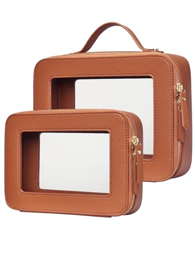 Popvibe Clear Makeup Bag Travel Cosmetic Case Transparent Toiletry Bag with Zipper, Portable Make Up Organizer Traveling Compact Car Bag for Essentials - color: Brown, style: Dual Elegance