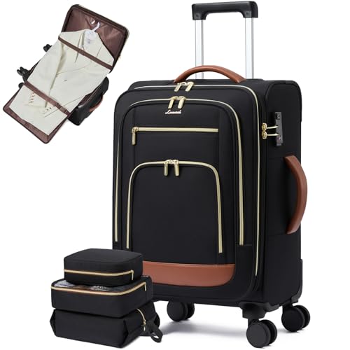 LOVEVOOK Carry on Luggage Airline Approved, 26.5 Inch Large Rolling Suitcase with Garment Bag & Spinner Wheels, Lightweight Underseat Carryon Luggage for Women Men Travel with TSA Lock,3Pcs - color: Black-brown, size: 26.5 inch （4pcs set）