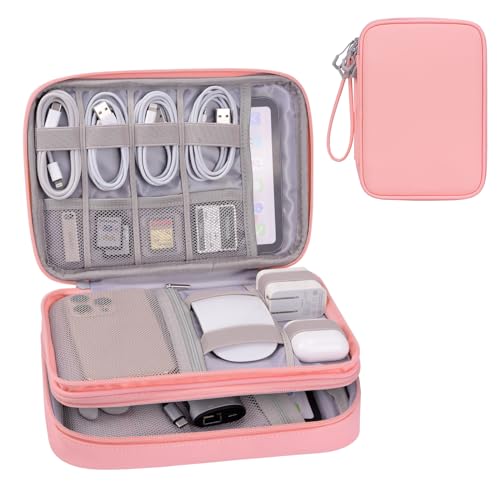 Electornics Travel Organizer Case for Cable/Cords/Charger/Tech Accessories, Large Pouch Bag for Woman (Pink, PU-Large) - color: Pink, style: Pu-large