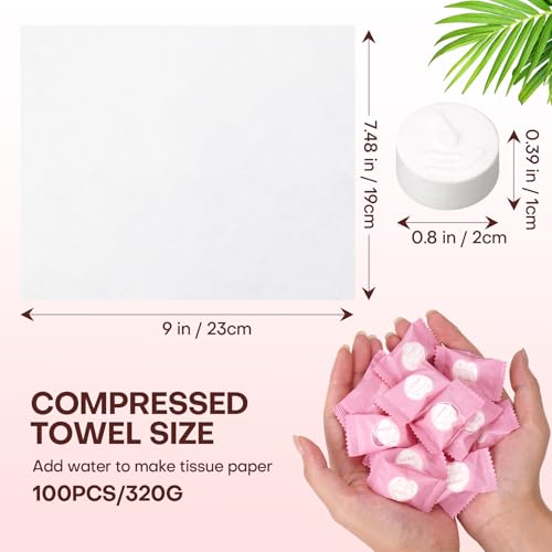 Compressed Towel Tablets 100 Count Disposable Face Towel Individually Wrapped 9×7.5 Inch Portable Washcloths Compact Cloths for Travel Essentials Camping Hotel Makeup Removal Cleaning (Pink) - color: Pink, size: 100 Count (Pack of 1)