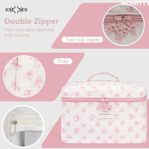 honitty Makeup Bag,Quilted Cosmetic Bags,Large Floral Make Up Organize bag,Makeup Bag Set for Women,Flower Travel Toiletry Bag - color: Bow-2