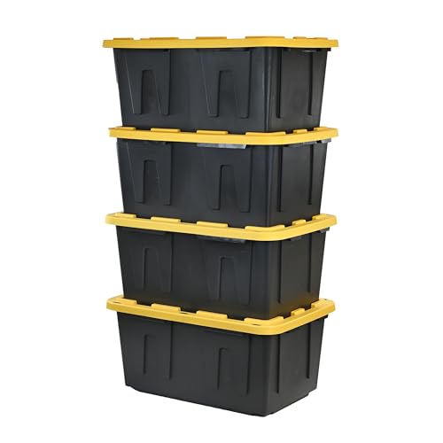 CX Black & Yellow 27-Gallon Heavy Duty Stackable Storage Bins with Lids, Dorm Room Essentials, Moving Boxes, Back to School, Classroom Organization, Home Organization, 4 Pack (14.3"H x 20.6"W x 30.6"D) - size: 27 Gallon