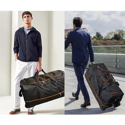 Bagenerous 110L/140L Expandable Soft-Sided Foldable Duffle Bag with 2 Rubber Wheels,Packable 32” Rolling Carry-On with Multi-Pockets & Compartments,Black Orange - color: Black Orange