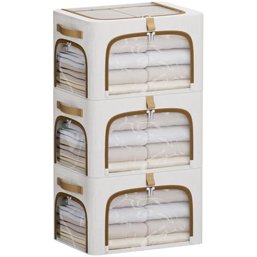 CYhom Clothes Storage Bins with Metal Frame,3 See-Through Windows Openings Clothing Storage Bin,3 Pack Foldable Storage Bins Boxes for Closet (White, 34L-16.5 x 12.6 x 9.8IN) - color: White, size: 16.5 x 12.6 x 9.8 in