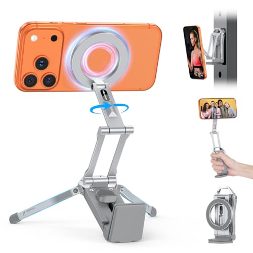 OMOTON TP02 360°Rotating for MagSafe Tripod Mount, Adjustable Aluminum Magnetic Phone Tripod for iPhone 17/16/15/14 Pro Max Air, Foldable Cell Phone Stand Fits Vlog, Gym, Travel Essentials, Silver - color: 5-Silver