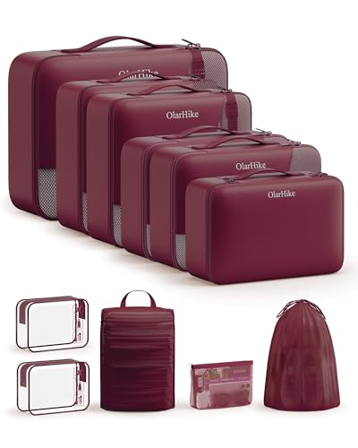 11 Set Packing Cubes for Travel, Gifts for Women Mom,Anti-Tearing Suitcase Organizer,OlarHike Vacation Essentials & Accessories for Cruise Ship - color: 11 Burgundy