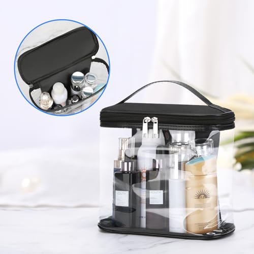 Heavy Duty Leak Proof Clear Travel Bags for Toiletries, Transparent Makeup Cosmetic Bag with Zipper and Handle (Large, Black) - color: Black
