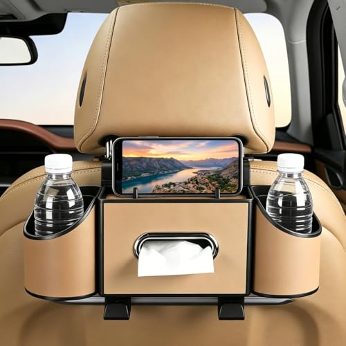 Back Seat Car Organizer, Nappa Leather Car Seat Organizer with Cup Holders and Tissue Box, Premium Hanging Storage Bag for SUV Truck Road Trip (Light Brown) - color: LightBrown
