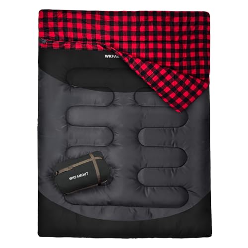 Double Sleeping Bag for Adults Machine Washable 2 Person Camping Sleeping Bag Queen Size Waterproof with Compression Sack for Cold Weather 3-4 Seasons - color: BLACK